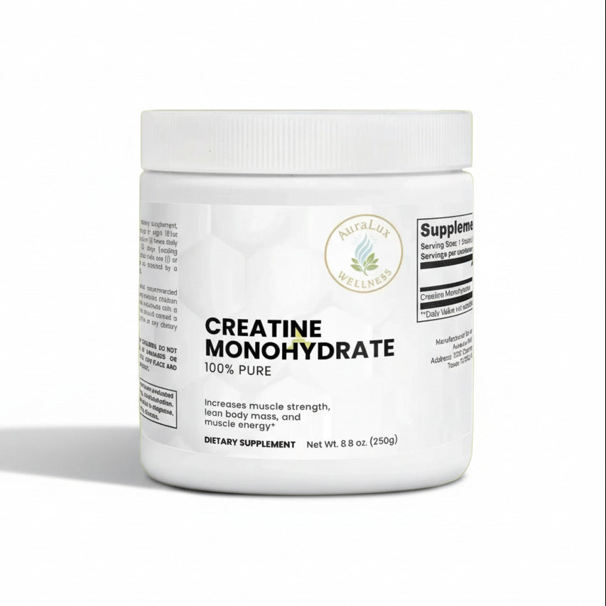 White container of AuraLux Wellness Creatine Monohydrate light gold background (color #e4e77eff))