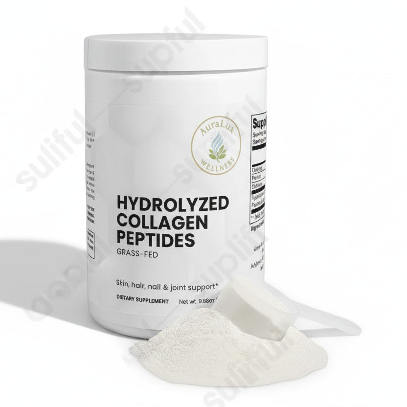 Container of hydrolyzed collagen peptides on a gray background